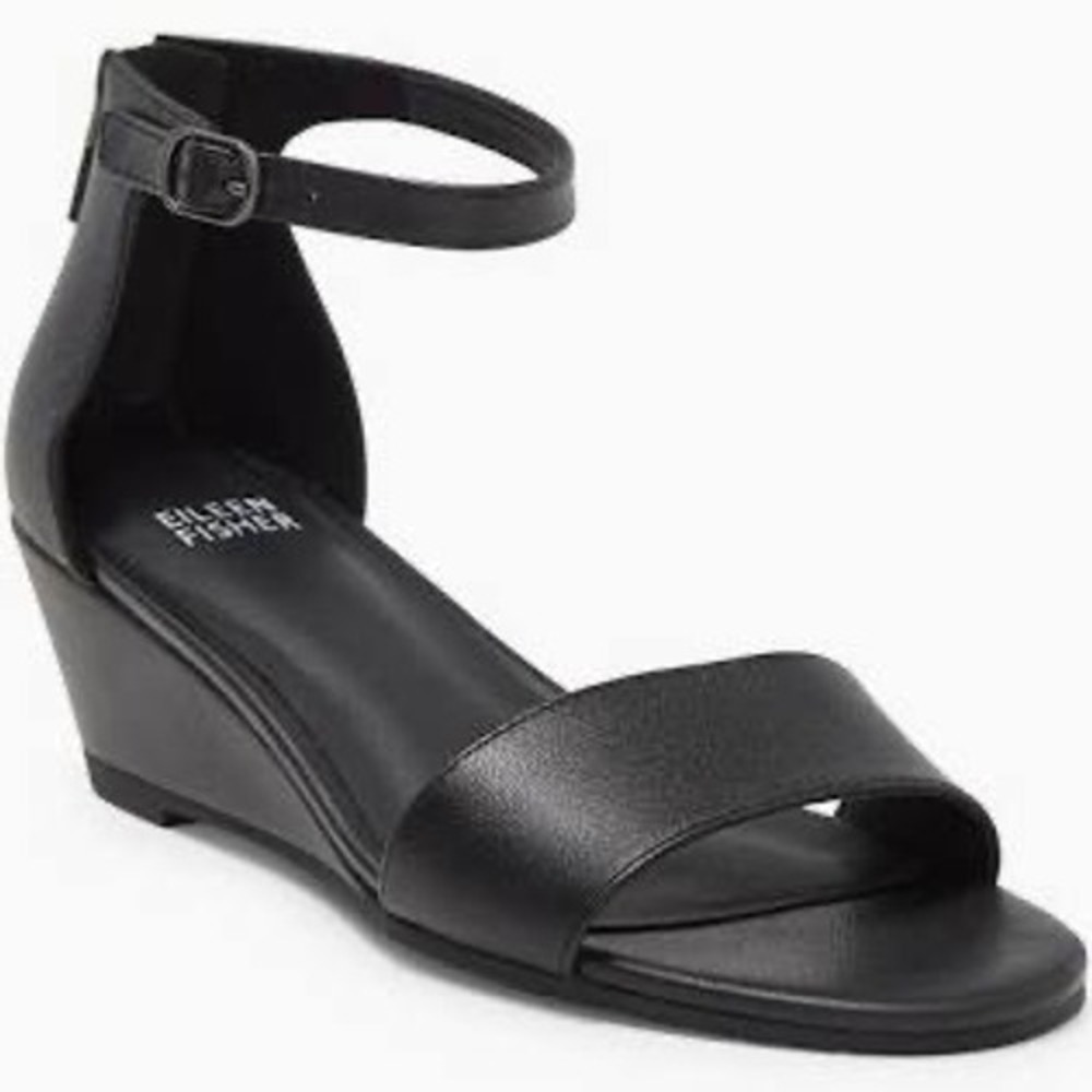 Eileen Fisher Mara Black Tumbled Leather Wedge Sandal Size 9.5 Preppy Dressy